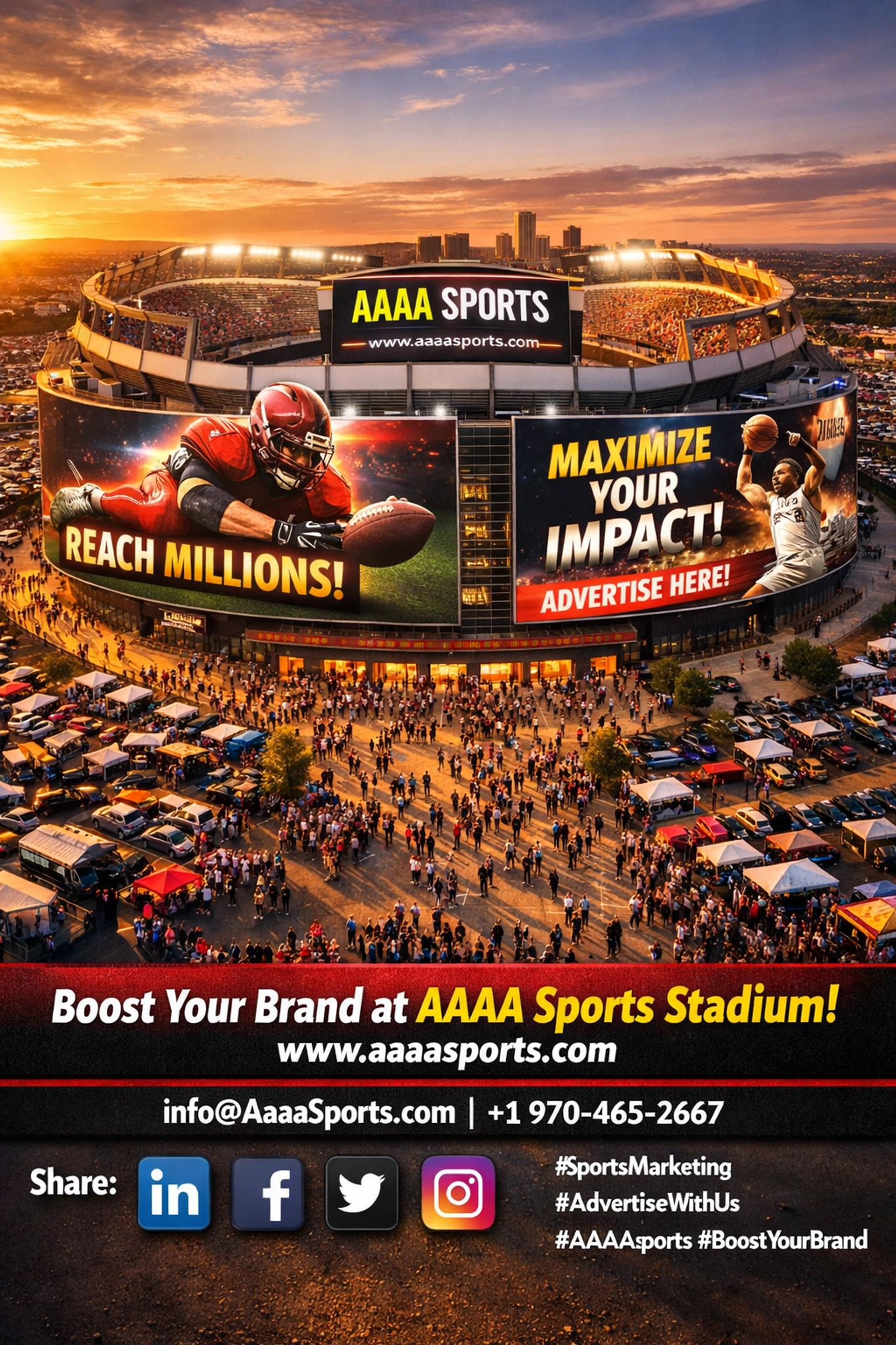 Aerial view of professional sports stadium with digital billboard advertising and crowd of fans entering