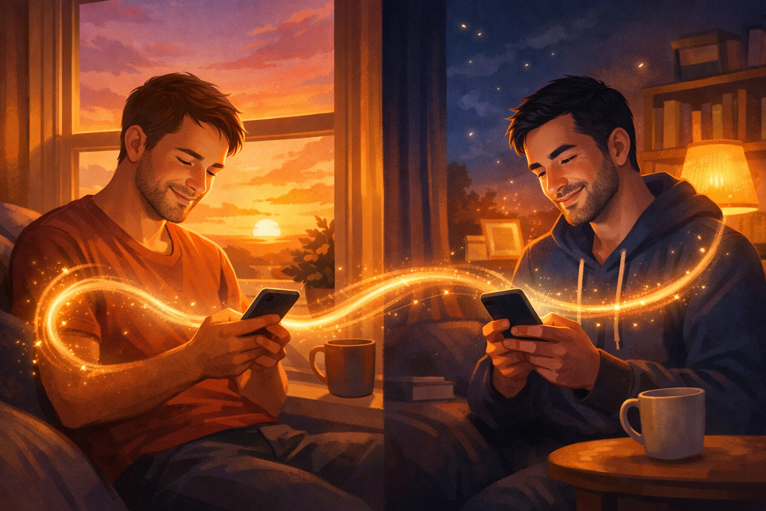 Two men connected through phones in long distance gay romance relationship