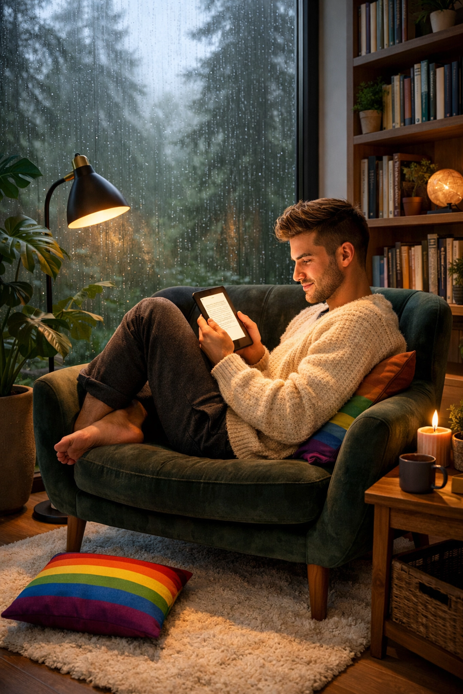 A man relaxing in a cozy nook while reading the latest MM romance books and LGBTQ+ fiction on his e-reader.