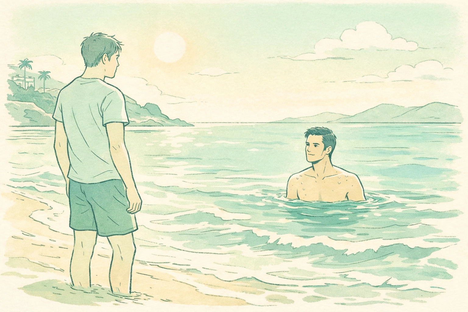 Gay couple meeting in shallow water at Es Cavallet beach, sharing their first connection