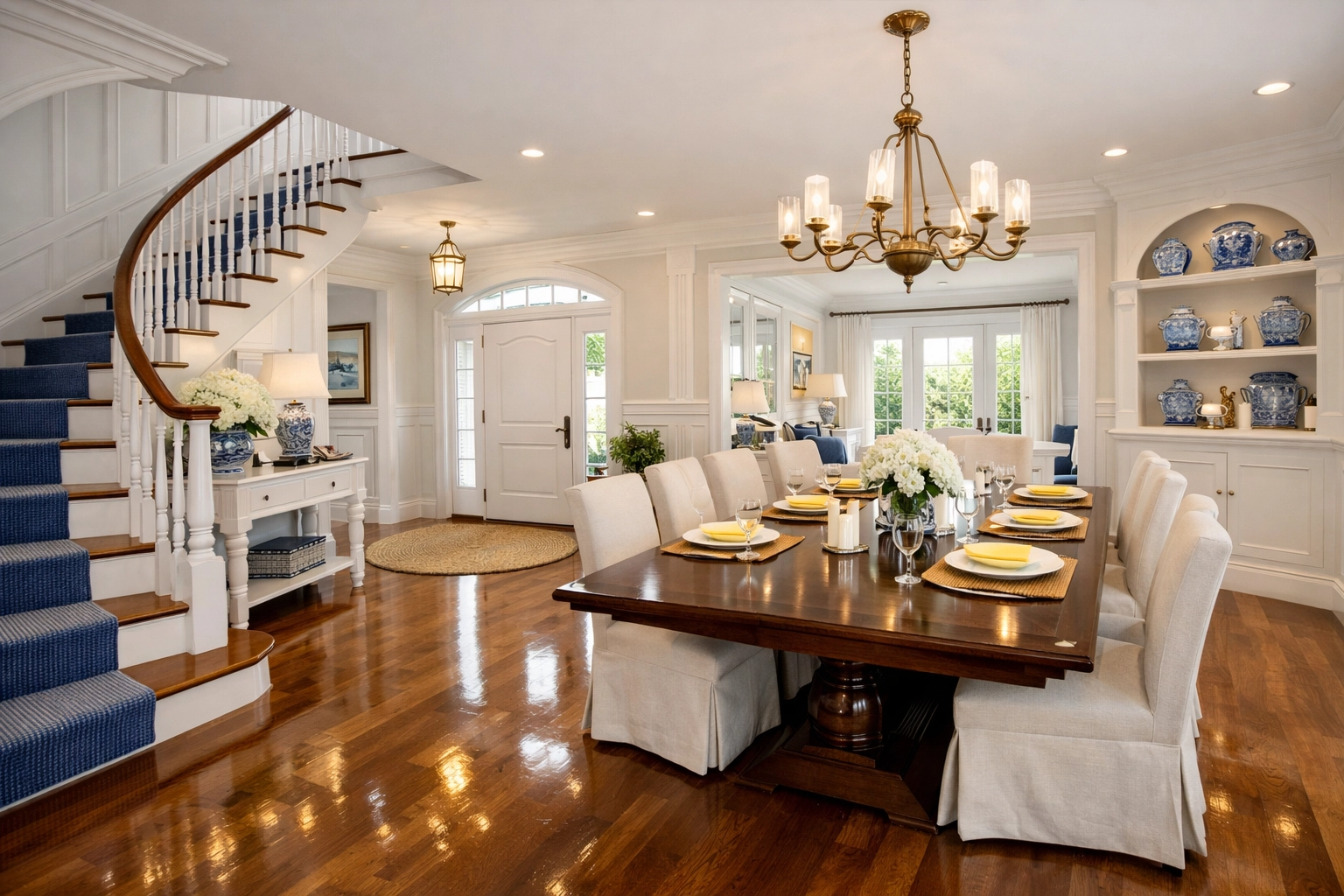 Buffed hardwood floors in a Brewster, MA home foyer, a result of professional house cleaning services.