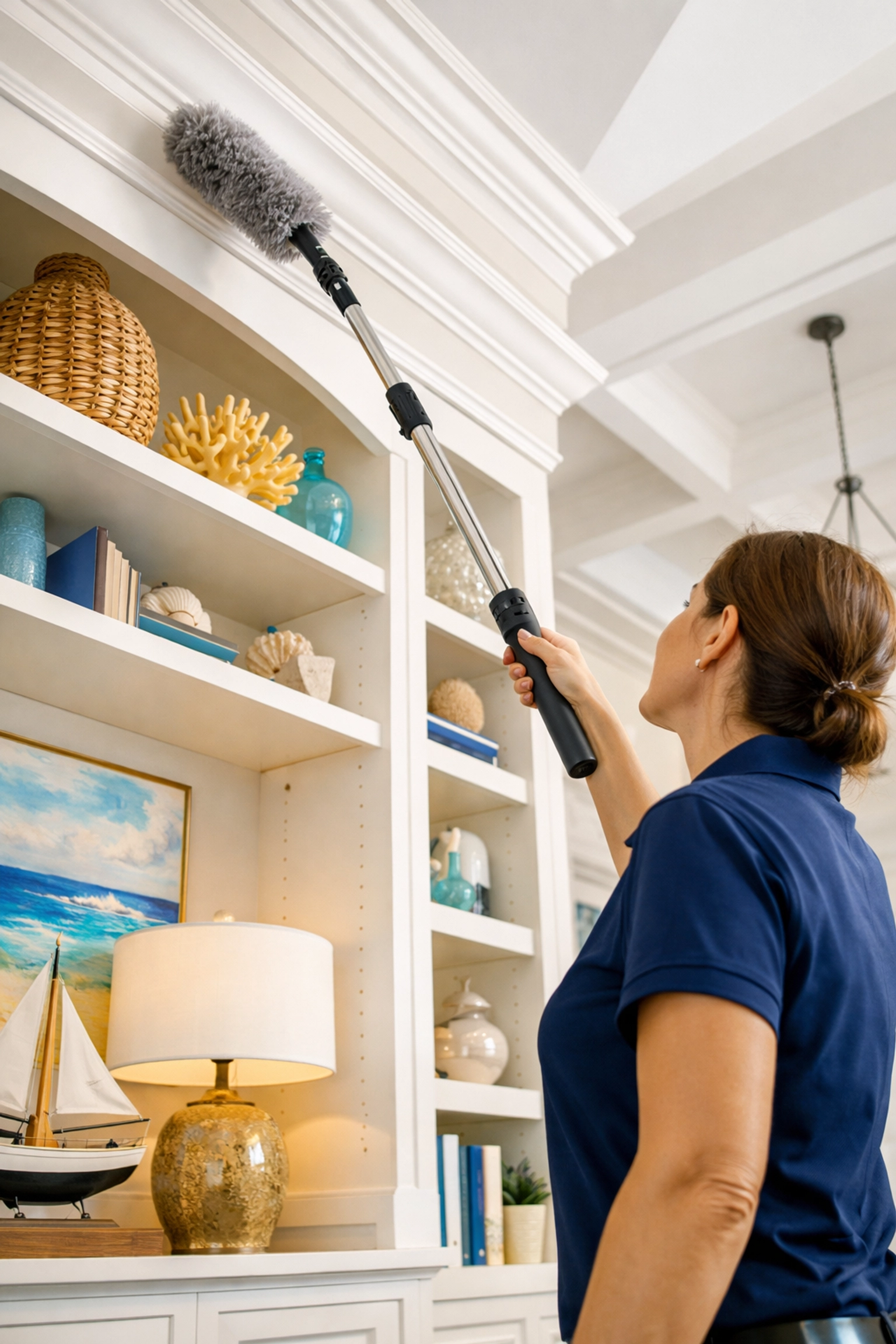 Professional cleaner using a duster on high moldings for thorough residential cleaning in Marblehead interiors.