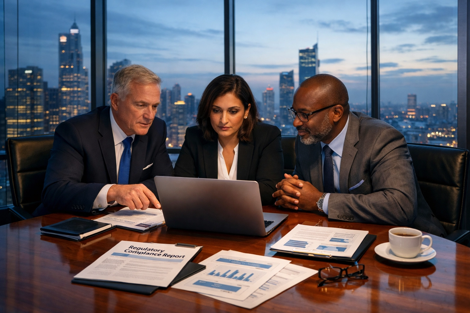 Strategic ServiceNow consulting services team discussing global compliance and AI infrastructure in a boardroom.