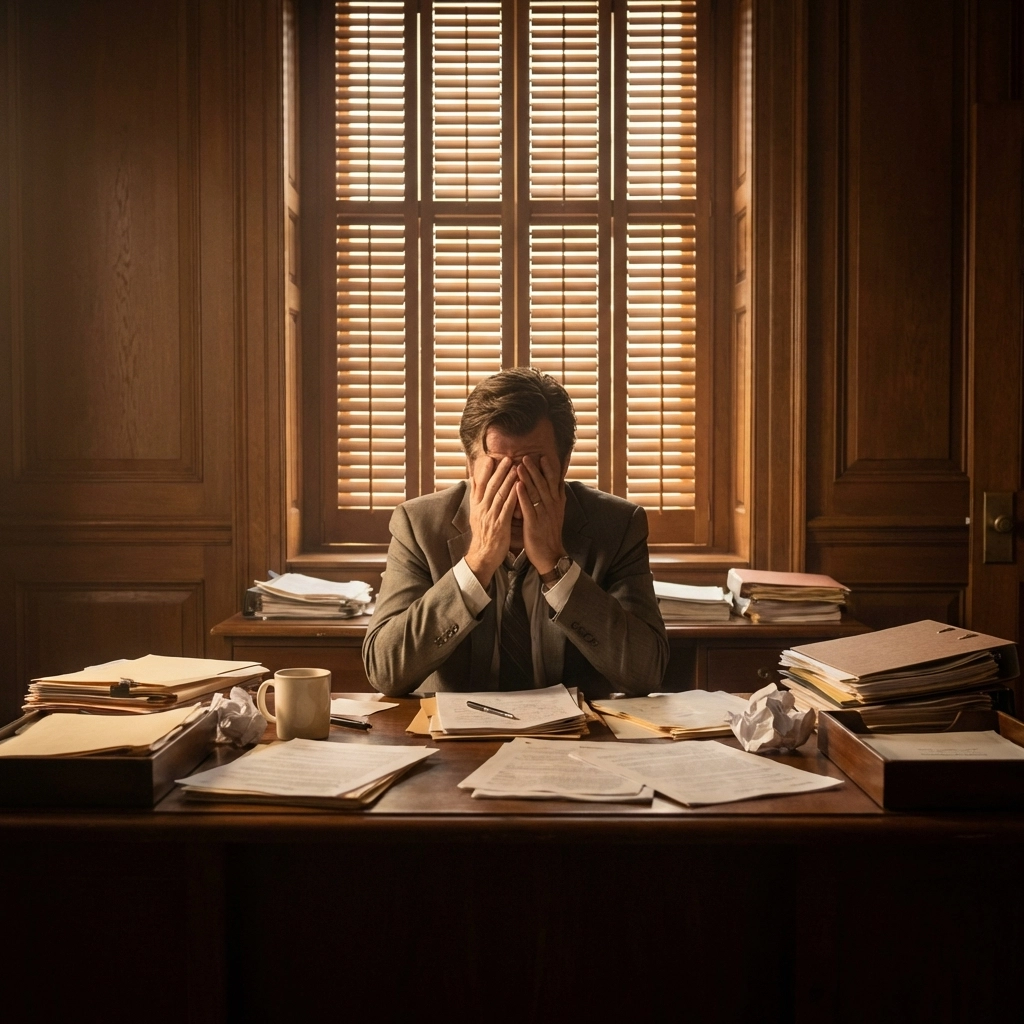 A stressed leader at a cluttered desk illustrates scarcity mindset in Christian leadership.