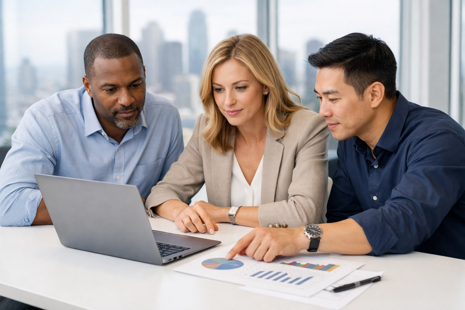 Marketing consultants analyzing sponsorship activation data during a strategic brand planning session.
