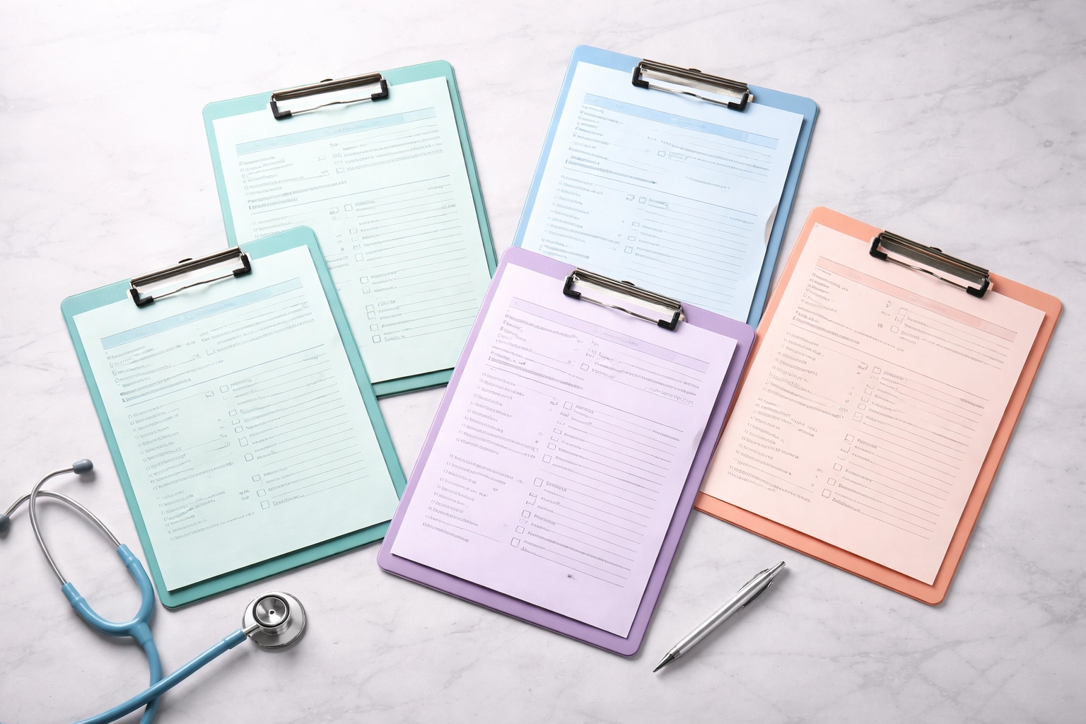 Comparison of four ASC accrediting organizations represented by pastel clipboards and healthcare tools