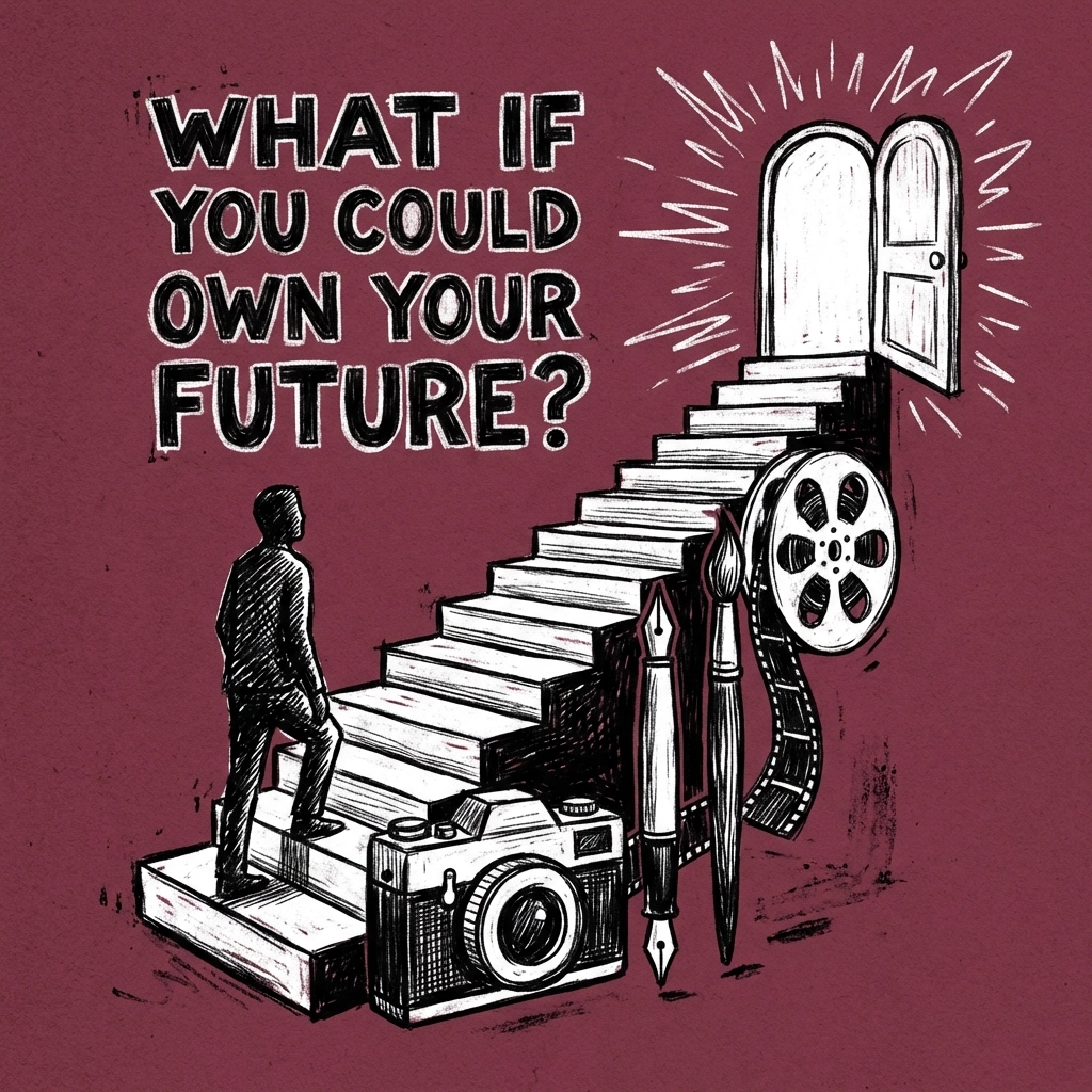 Illustration of a creator climbing creative tool steps, representing business ownership aspirations