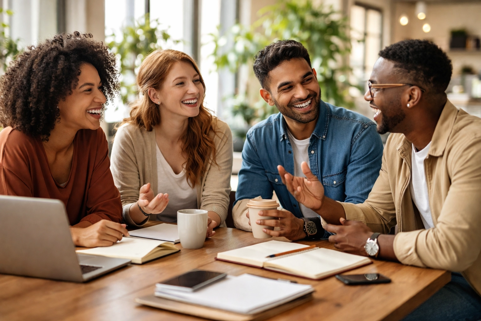 Diverse group of entrepreneurs talking in a bright co-working space, illustrating a supportive founder community