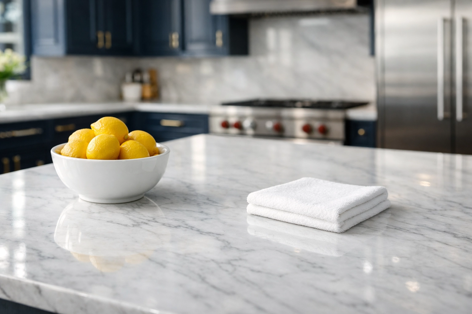 A sparkling white marble kitchen island in a Sudbury home showcasing Ninja-level cleaning and organization.
