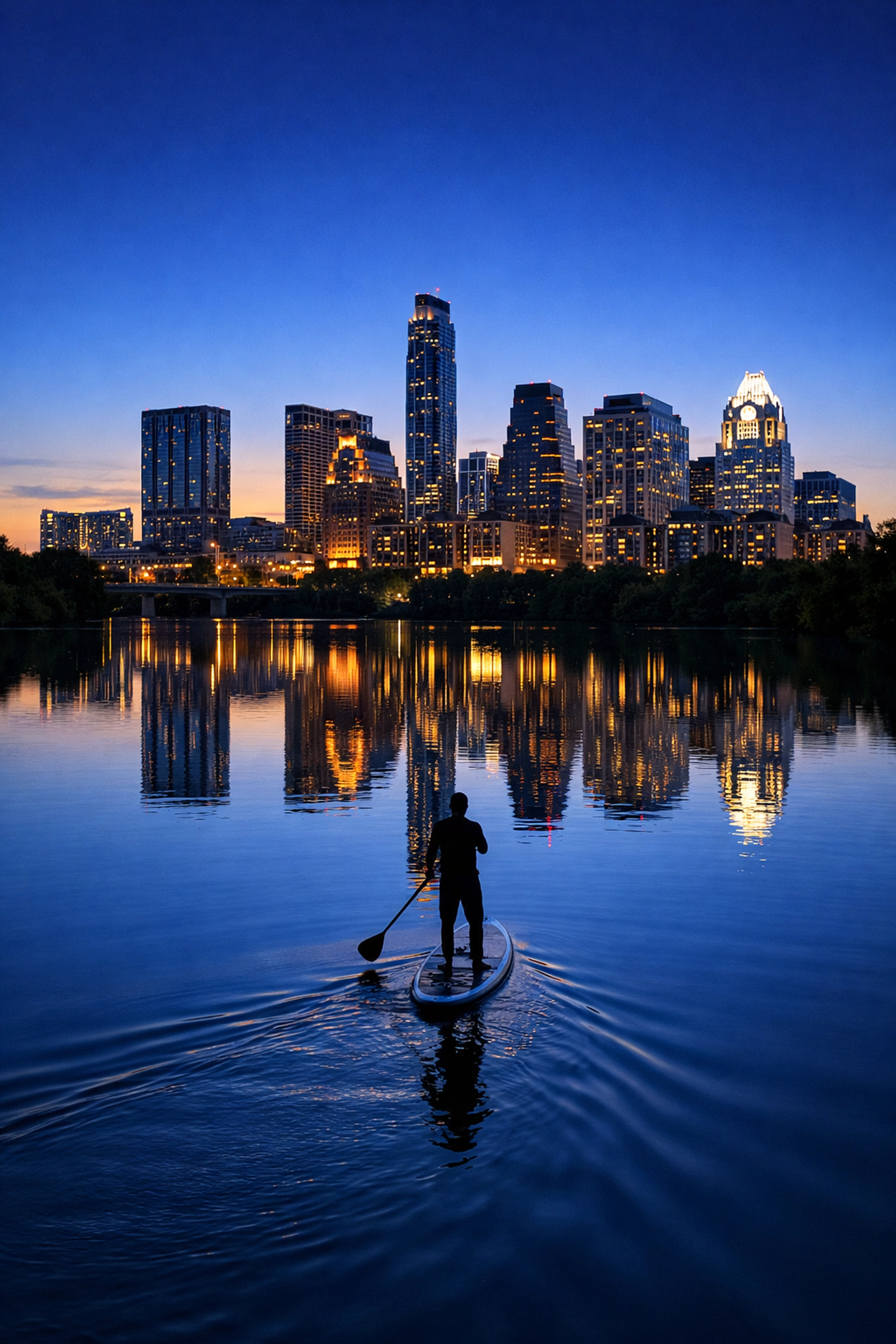 Austin skyline reflected in Lady Bird Lake at sunrise, ideal for resetting jet lag and daily routines.