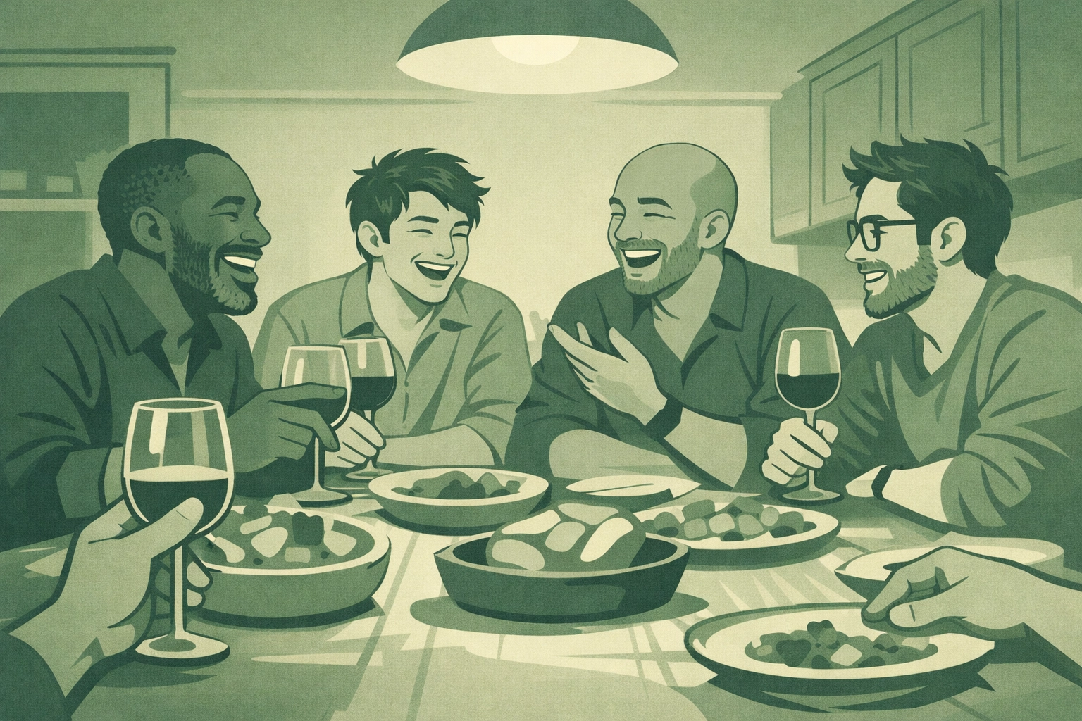 Group of gay men celebrating together at dinner table illustrating queer found family