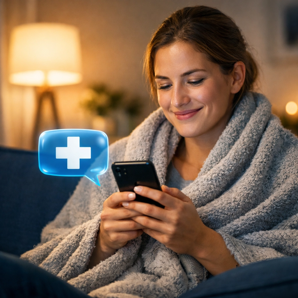 Patient using secure medical messaging on a smartphone for 24/7 online urgent care and strep throat treatment.