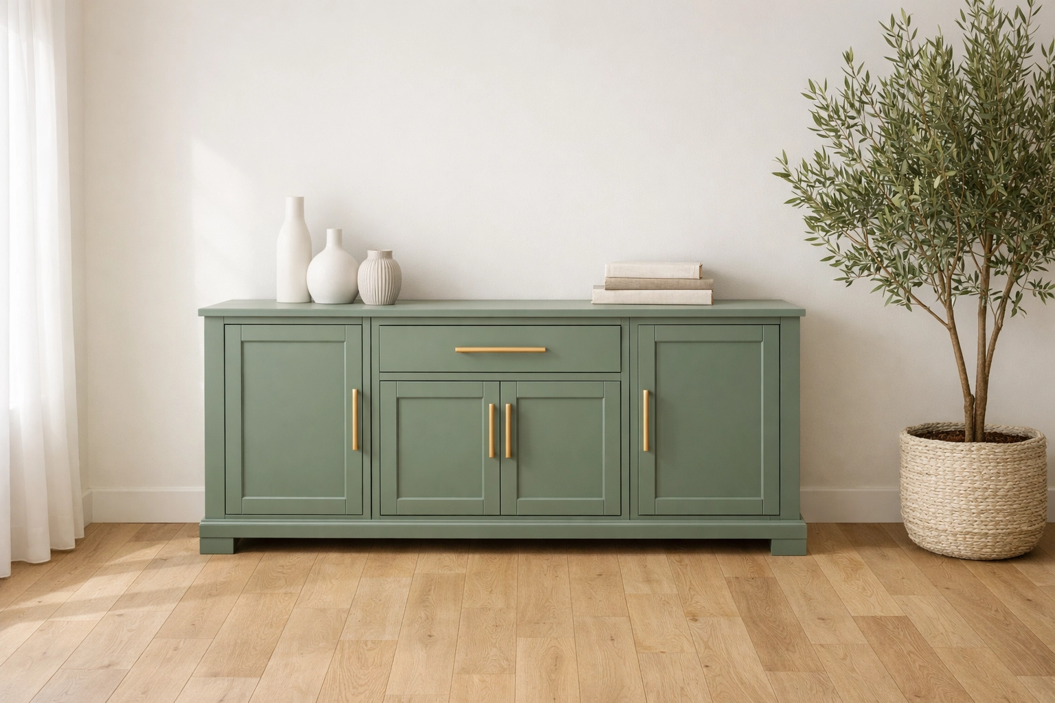 Modernize Methods sage green buffet cabinet in a bright dining room for a no-demo home renovation.