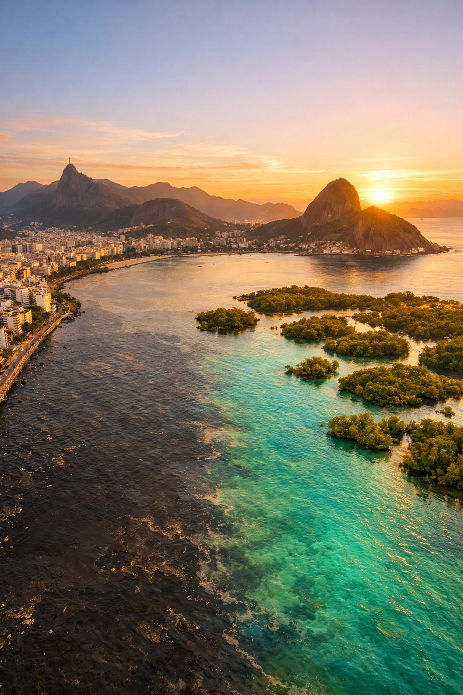 Aerial view of Guanabara Bay restoration showing contrast between polluted and cleaner waters