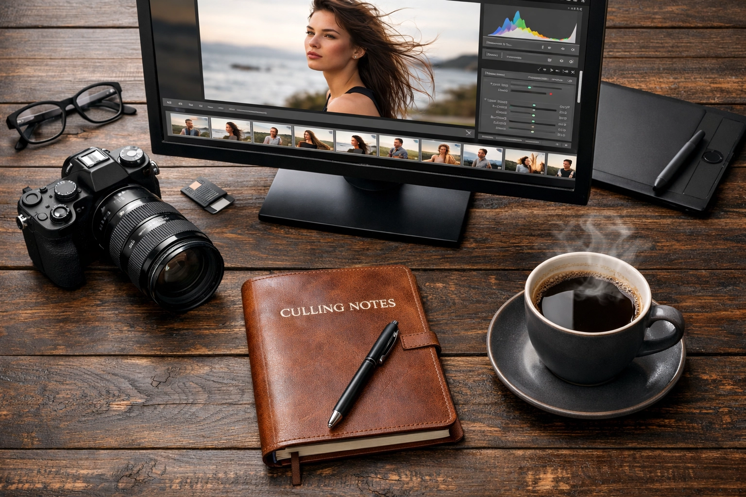 Professional photography editing desk with a camera and monitor, optimizing workflow for fast delivery.