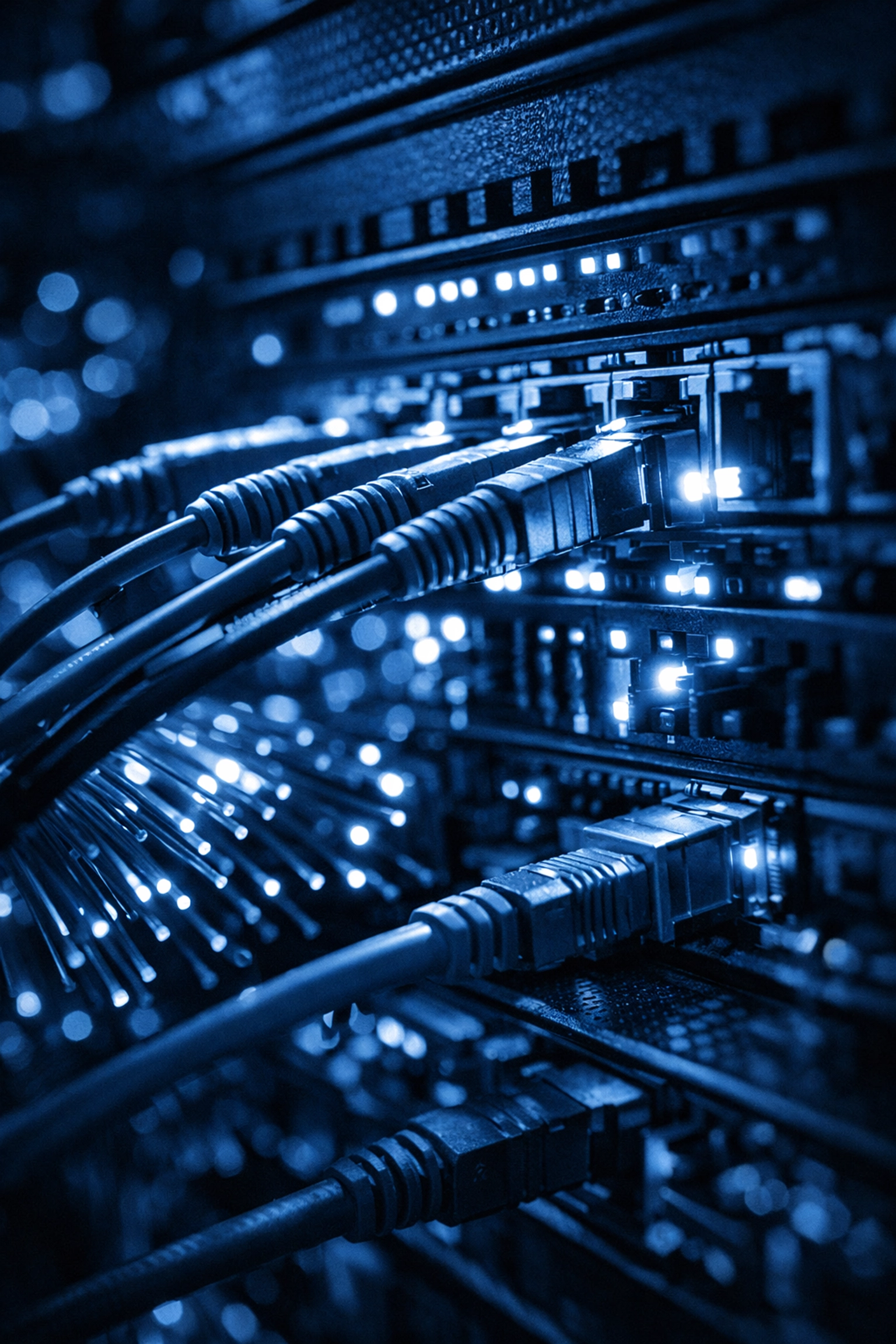 Close-up of glowing fiber optic cables in a server rack representing enterprise-grade IT tools.