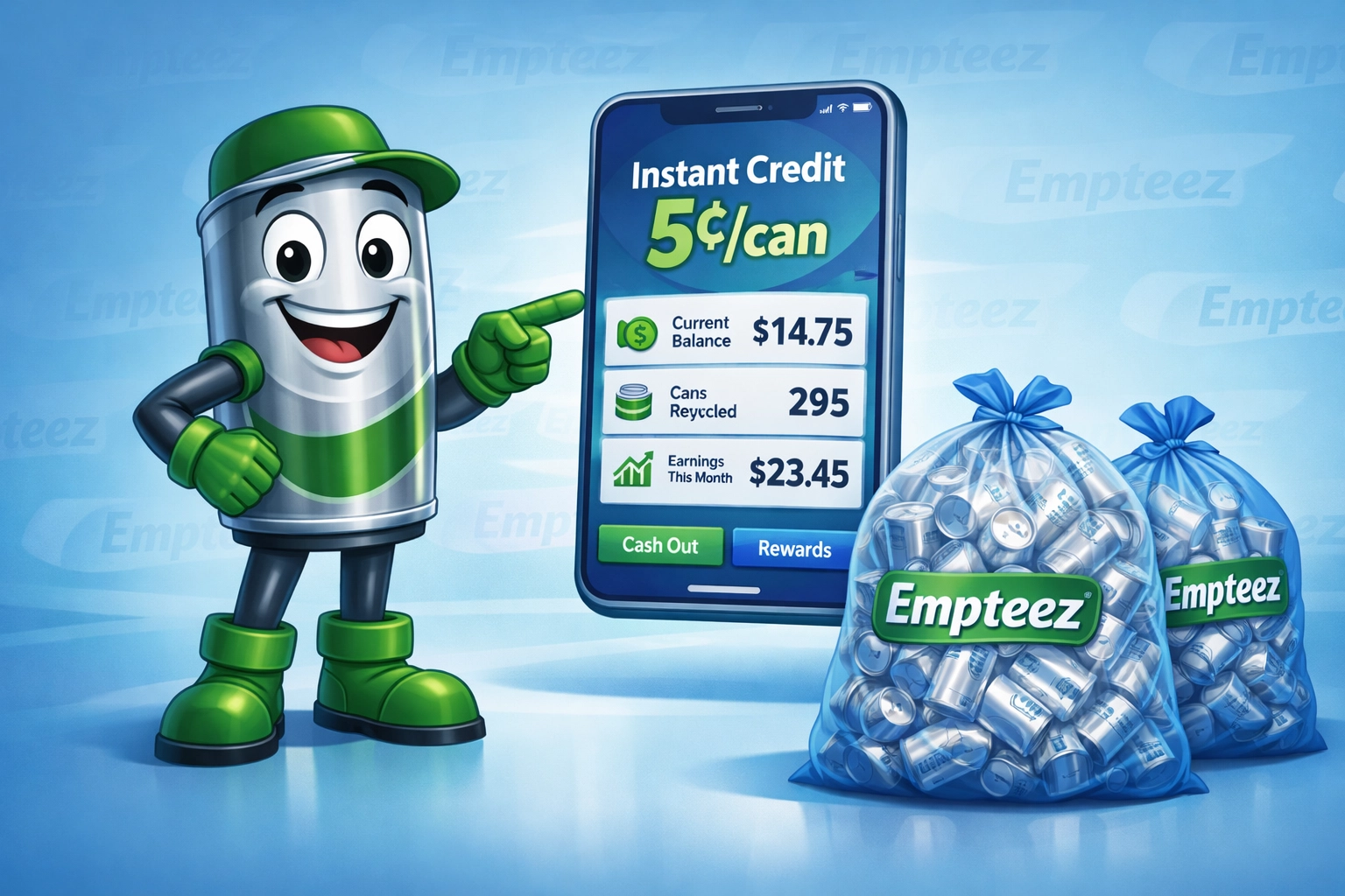 Can Man pointing at an instant credit dashboard beside Empteez-branded bags full of aluminum cans