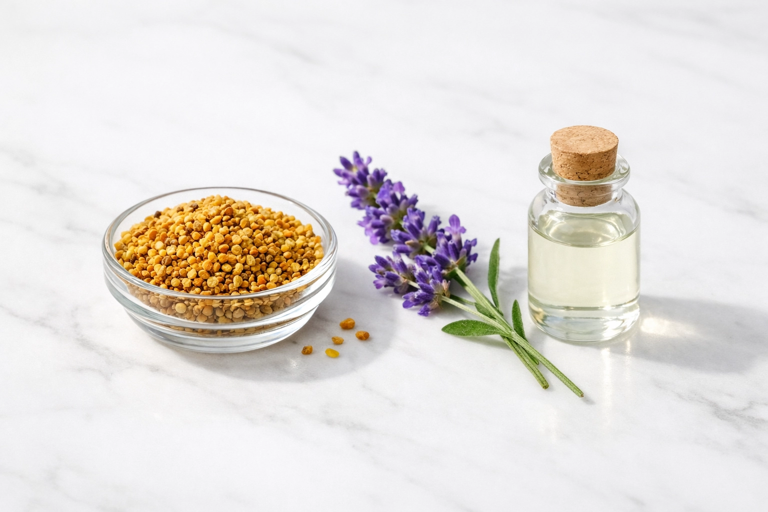 Bee pollen granules from Moroccan Goods Shop with lavender, emphasizing purity and natural health.