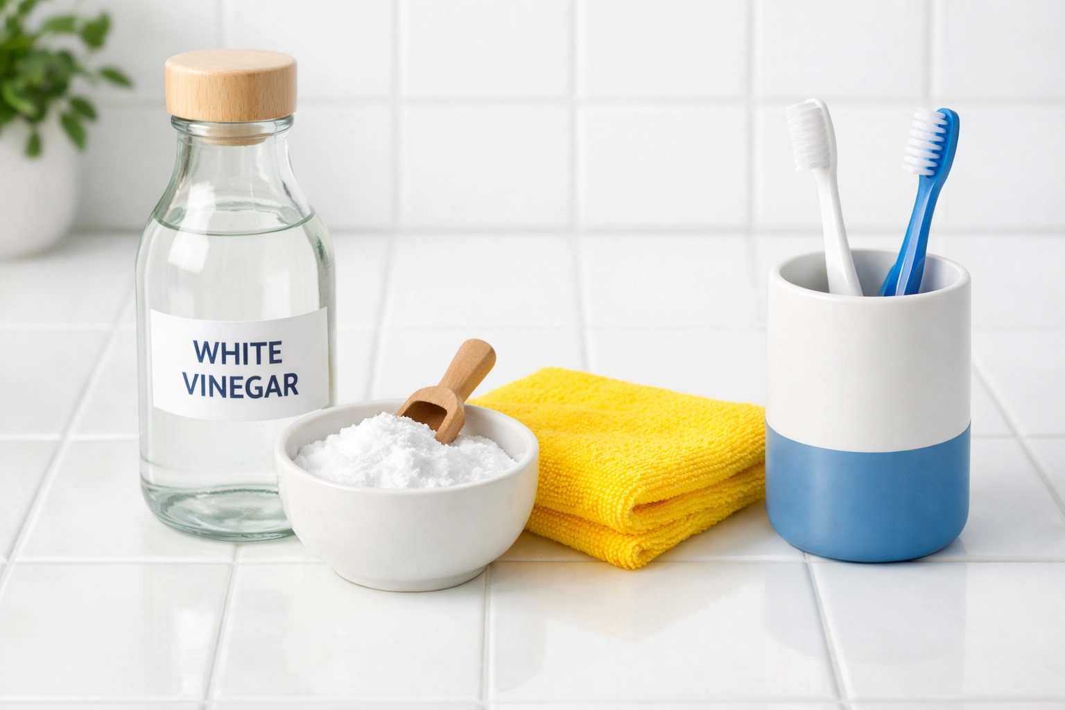 Vinegar and baking soda next to a toothbrush holder for eco-friendly cleaning of bathroom gunk.