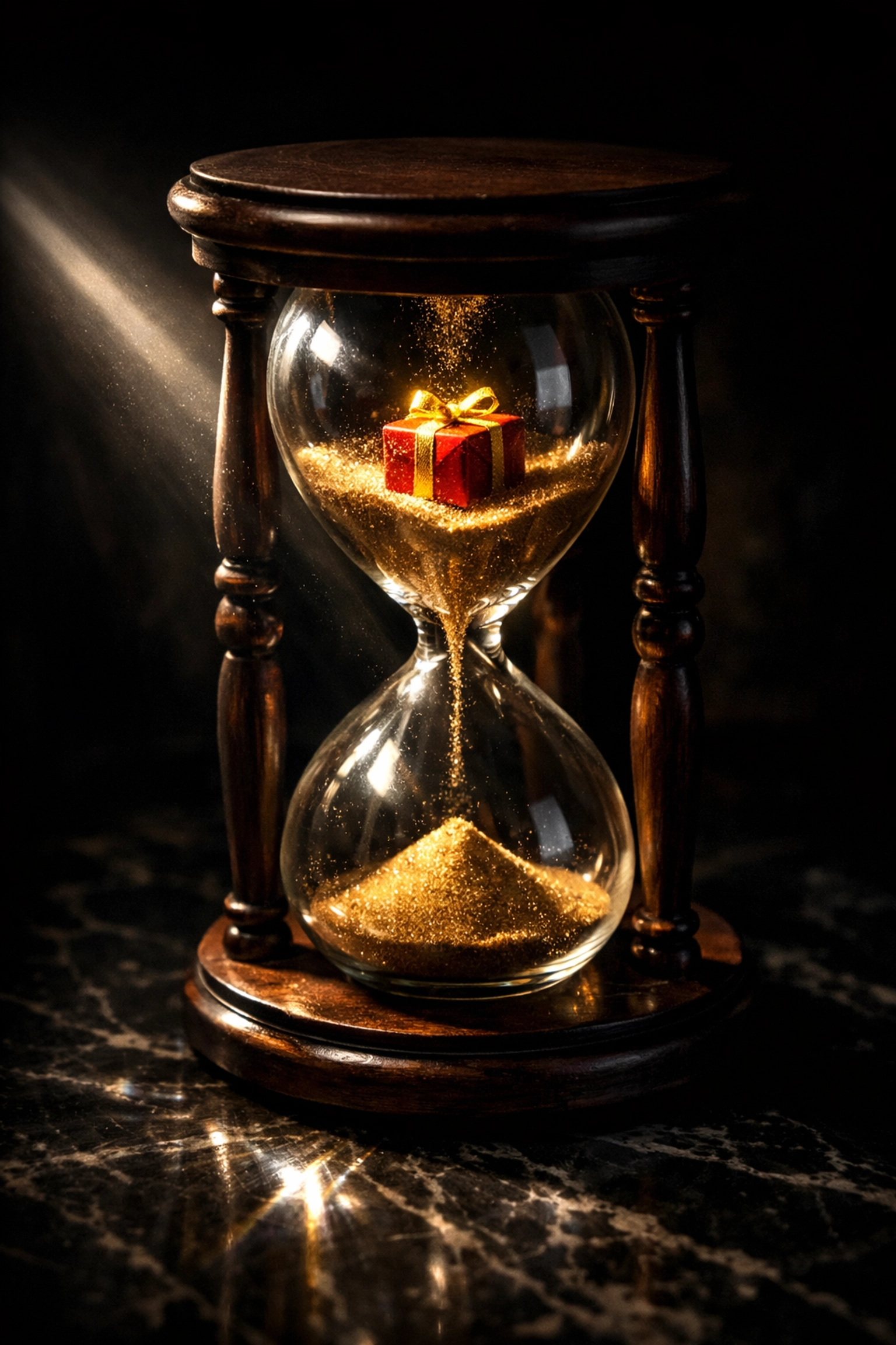 An hourglass with a gift box inside, symbolizing the 48-hour rule to avoid impulse spending.