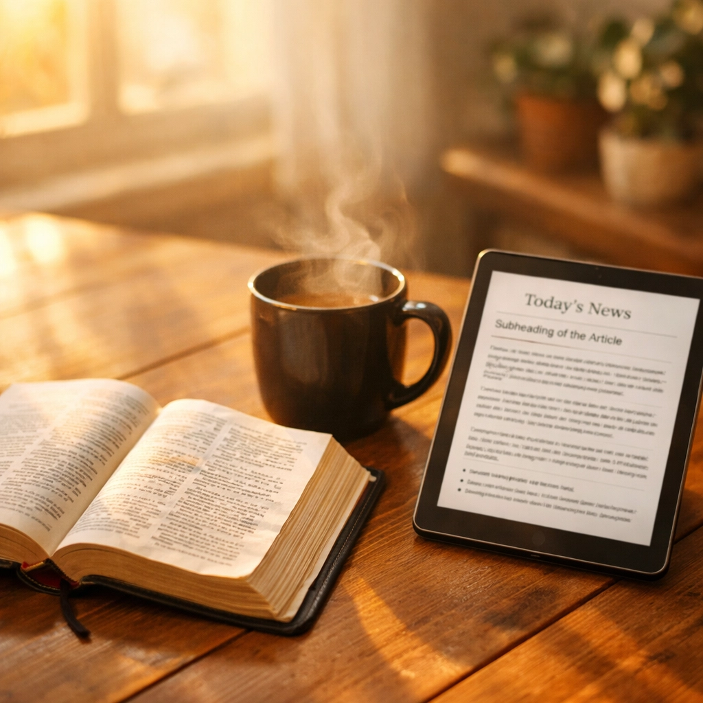 Bible and coffee with tablet showing calm news brief on breakfast table