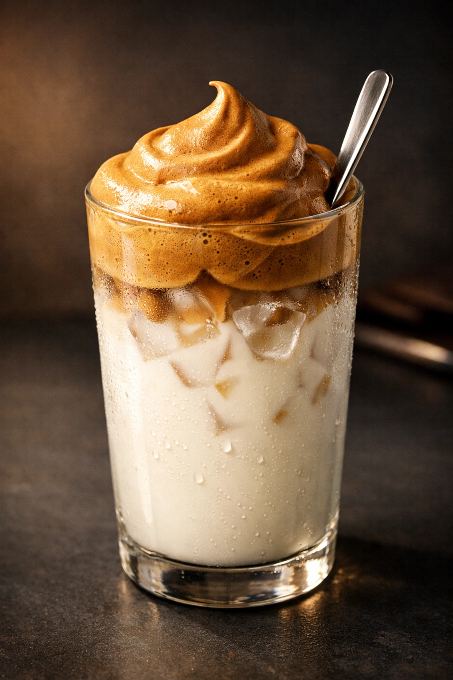 Thick, velvety whipped coffee foam layered over cold milk in a modern glass for a cafe-style morning.