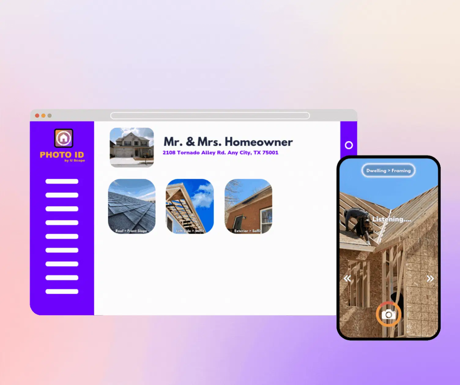 The PHOTO iD web and mobile interface showing organized, auto-labeled images for a homeowner's project.