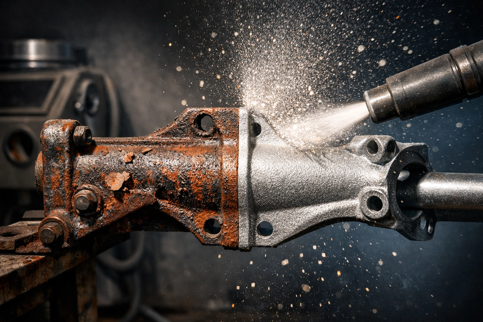 Sandblasting process removing rust and old paint from hot rod chassis for powder coating