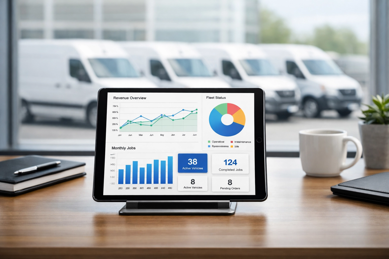 A digital marketing dashboard on a tablet used to manage dynamic QR codes for a service truck fleet.