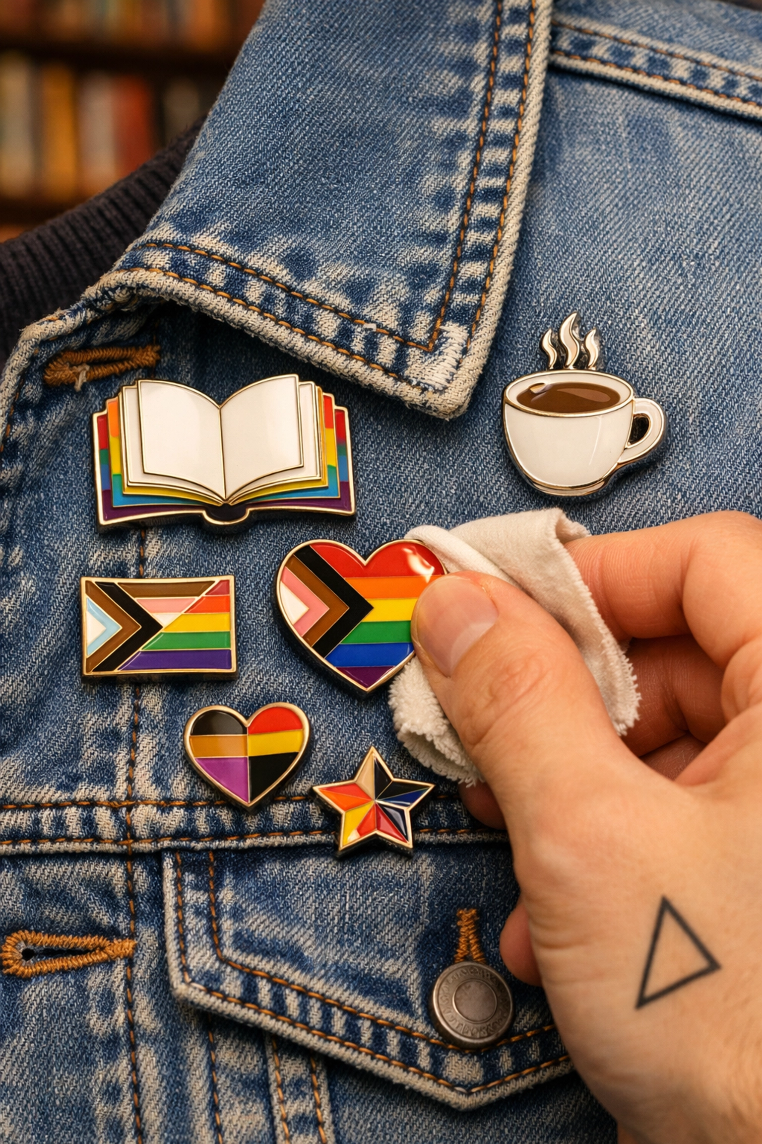 Close-up of a denim jacket featuring LGBTQ+ pride enamel pins and book-themed badges.