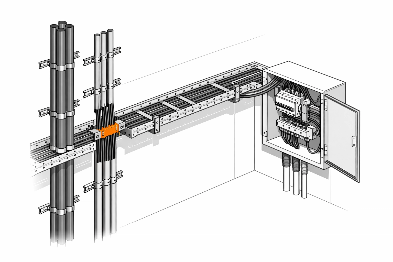 Technische Illustration von Steigleitungen und Kabelkanälen einer festen Elektroinstallation.