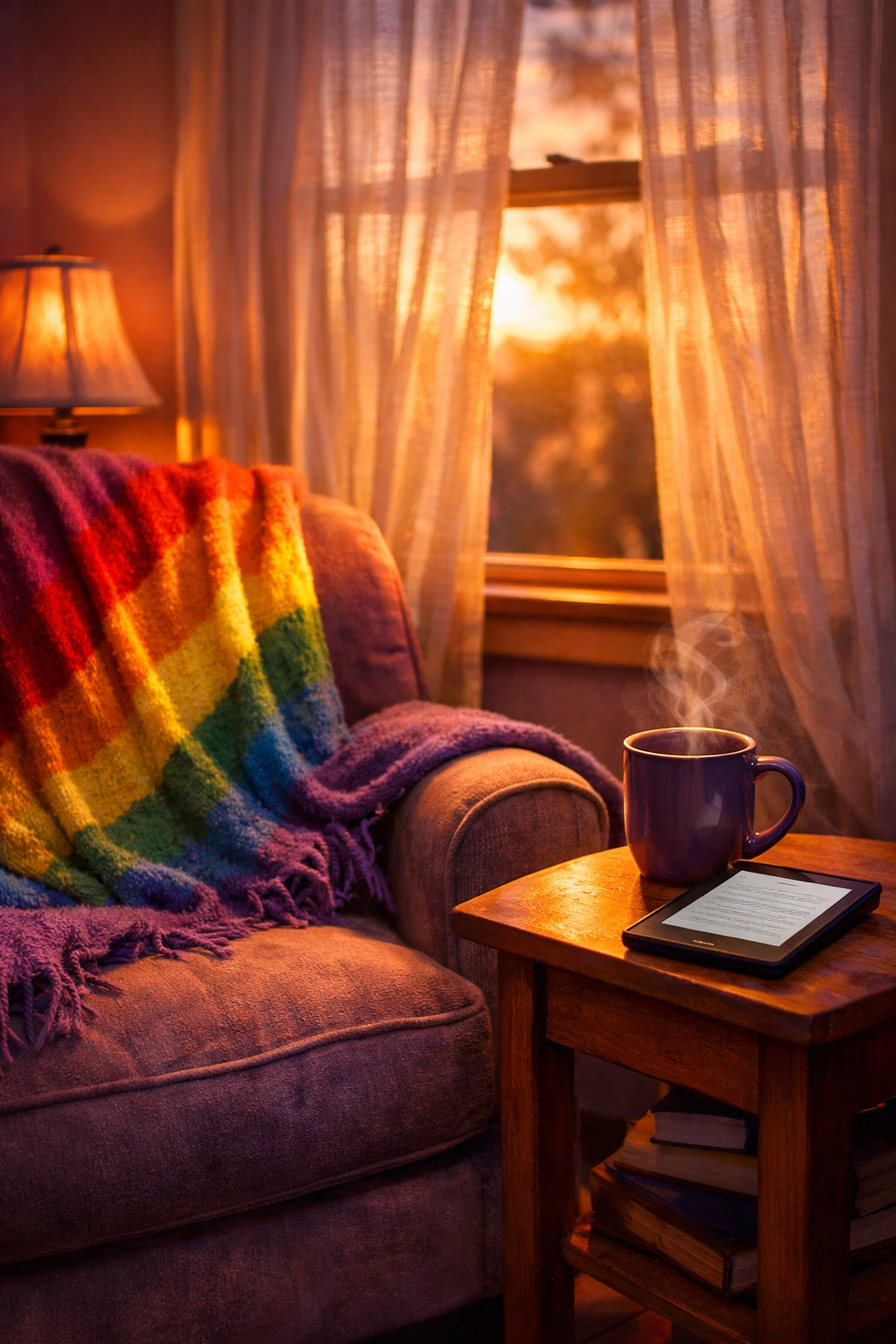 Private LGBTQ+ reading sanctuary with cozy chair and e-reader for safe gay romance reading
