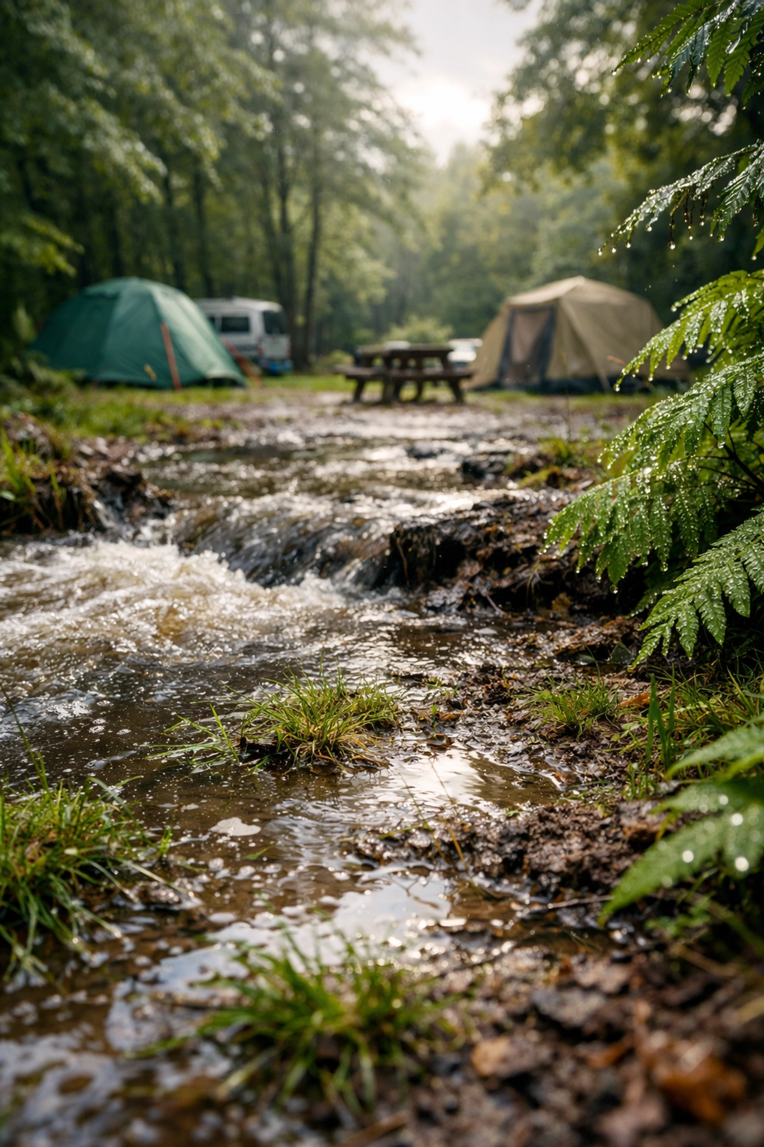 Waterlogged ground and flooding after heavy rain at UK wild camping area
