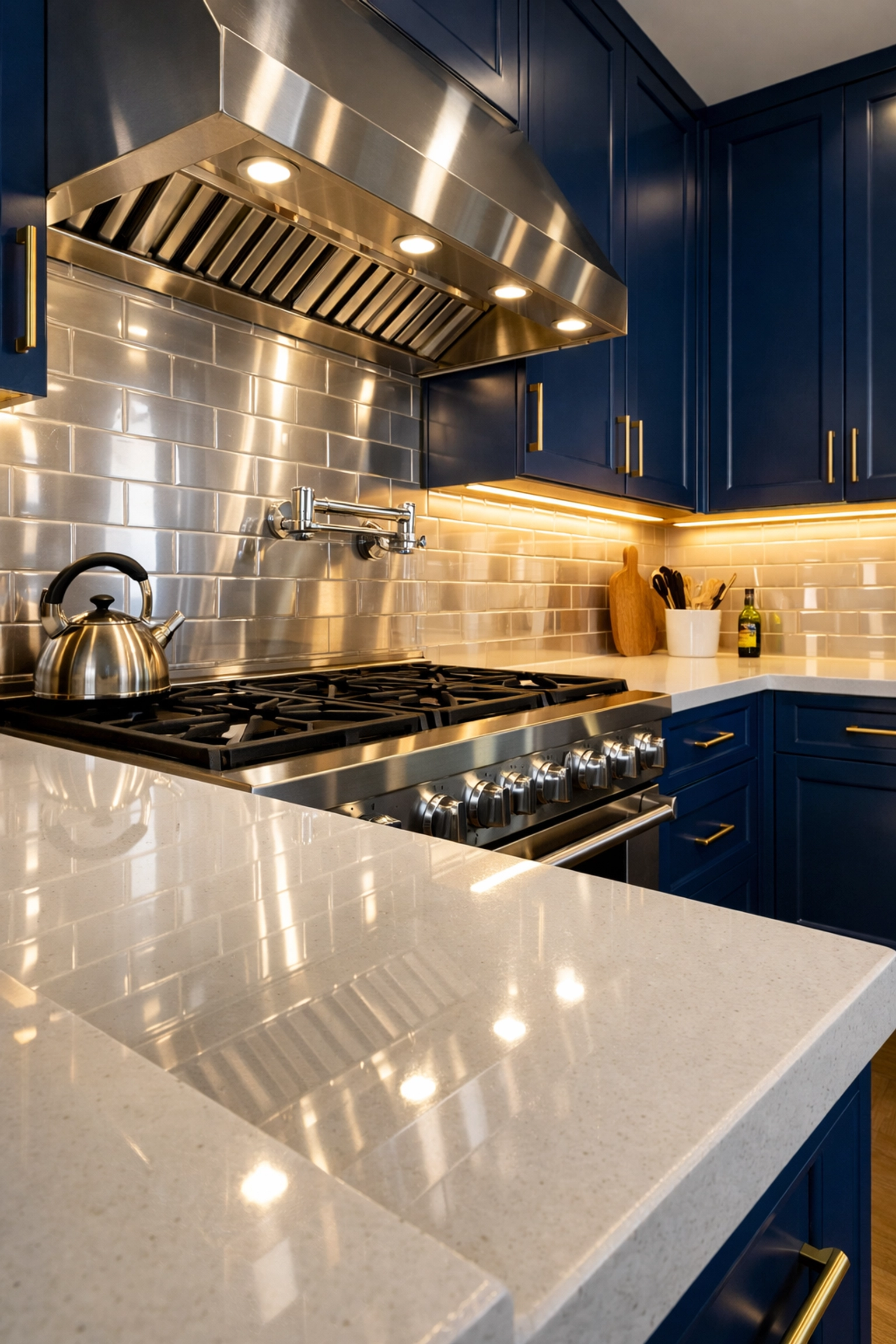 Spotless modern kitchen after deep cleaning Malden MA featuring a shiny stovetop and subway tile backsplash.