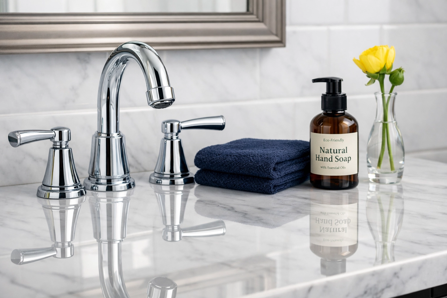 Detailed view of a sparkling marble vanity after ninja-level weekly house cleaning in Spencer, MA.