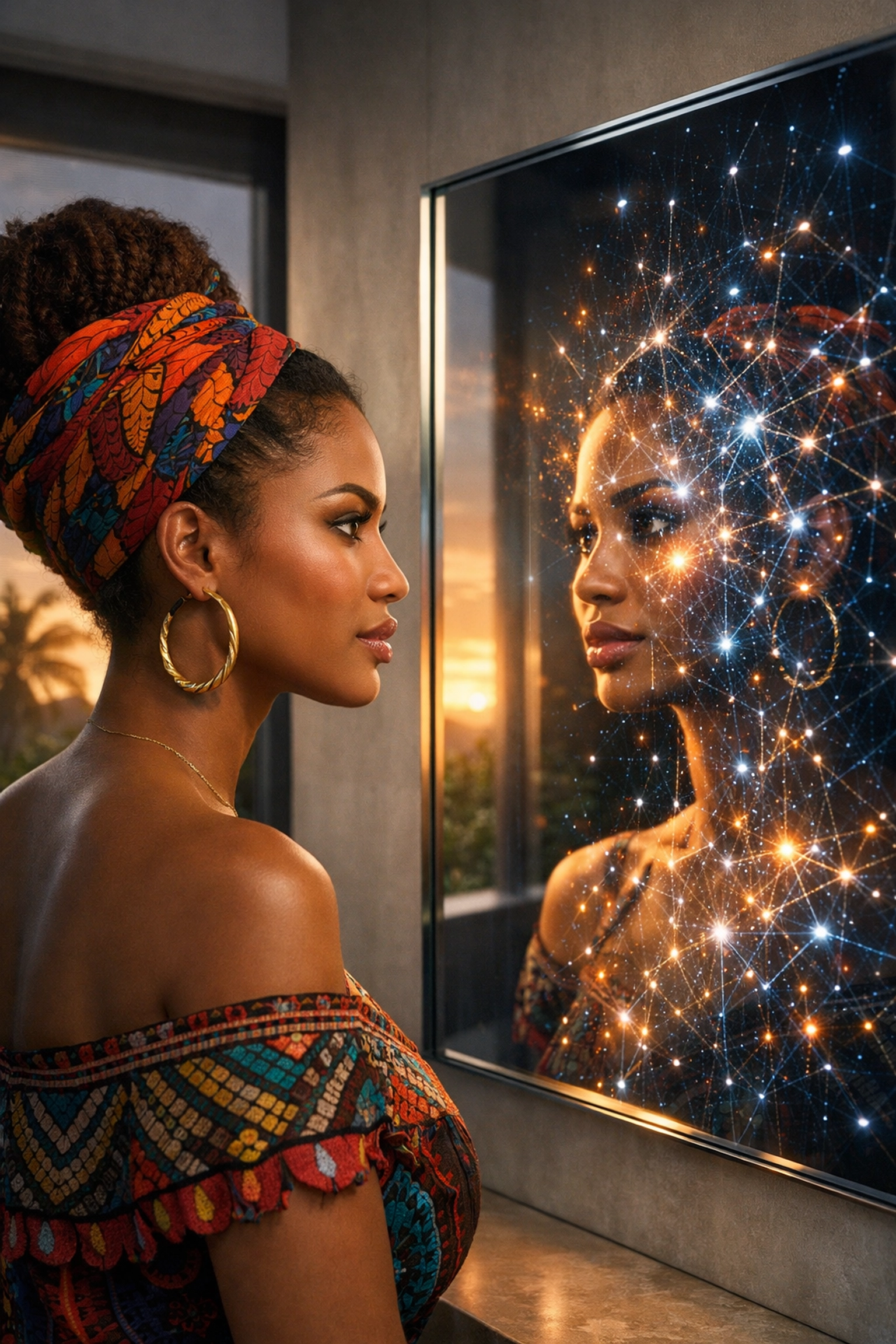 Woman viewing her reflection as a neural network, representing the human and AGI capability merger.