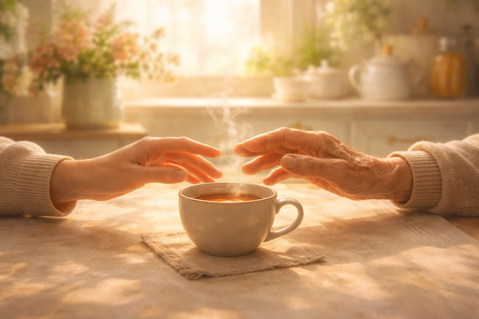 Hands reaching across generations symbolizing family reconciliation and honoring parents