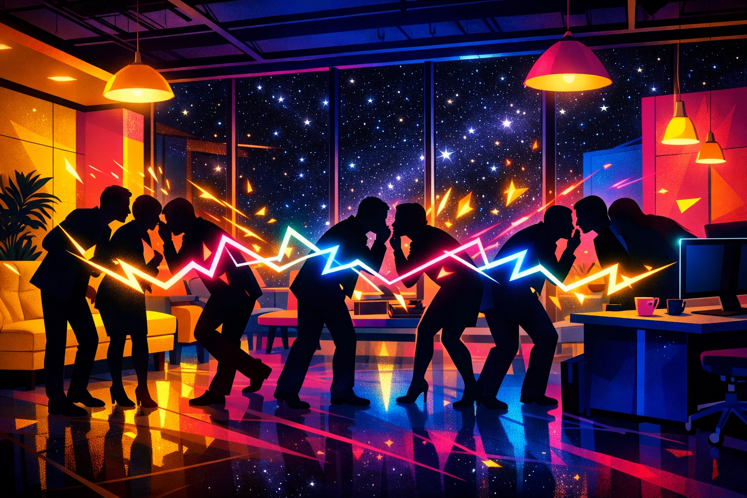 Vibrant office scene showing the spread of rumors and gossip regarding workplace relationships.