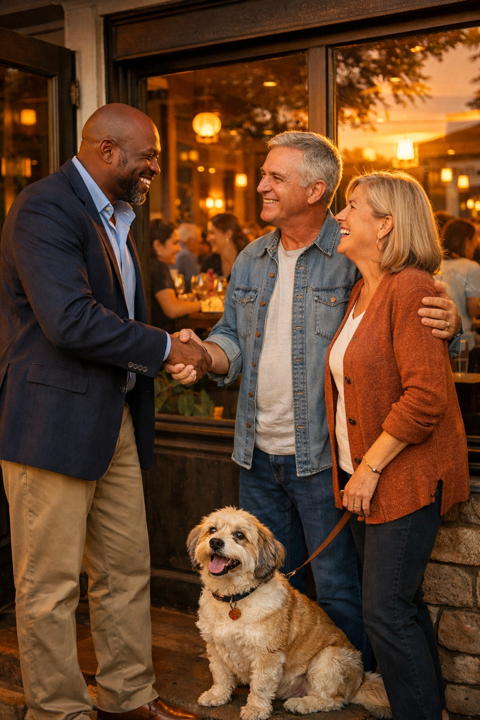 Black restaurant owner greeting customers at entrance demonstrating community-focused hospitality