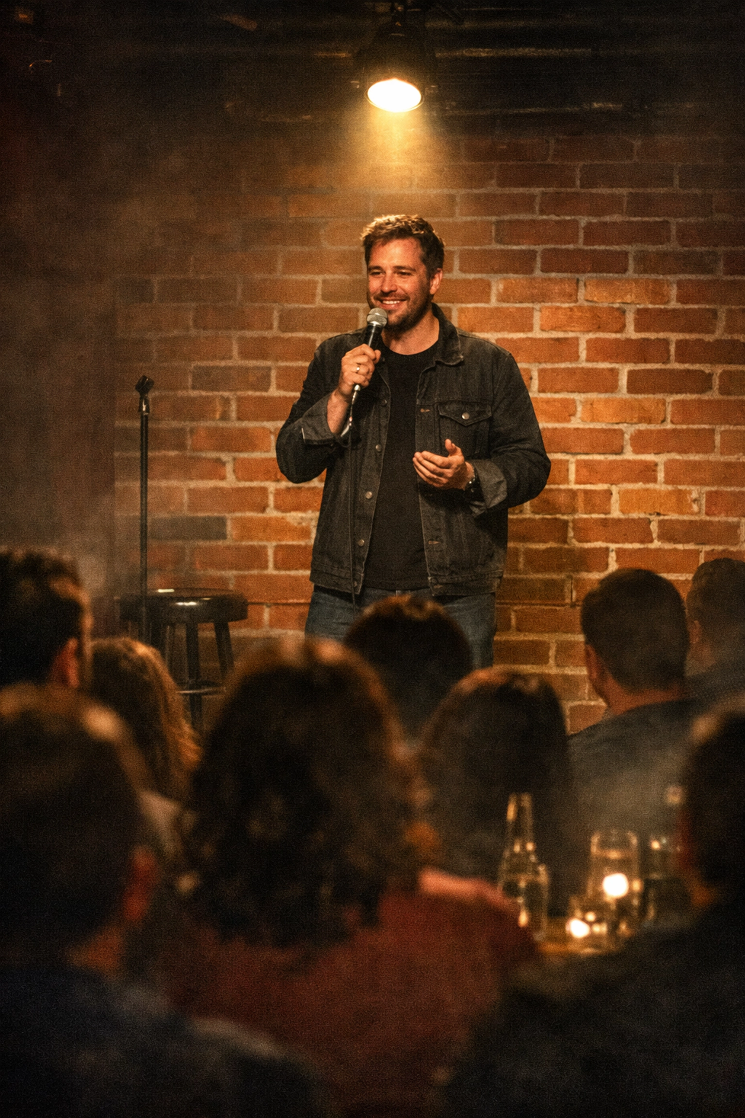 A stand-up comedian performing under a spotlight on stage at an intimate Montreal comedy club.