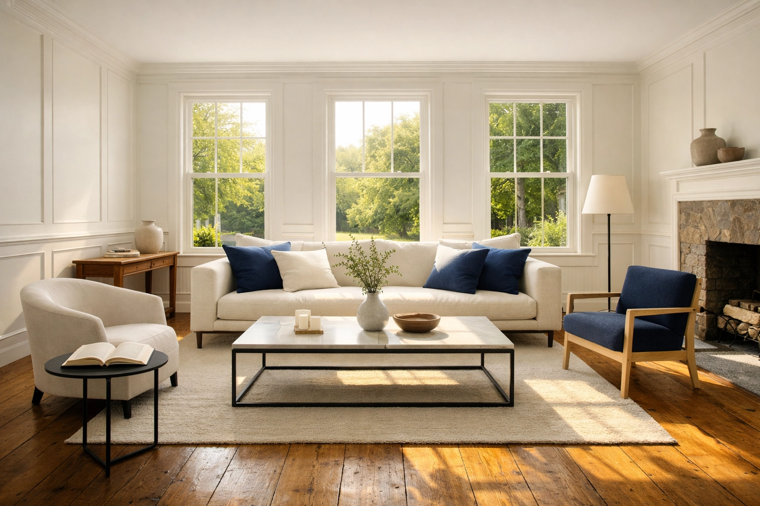 Spotless luxury living room in a Concord estate cleaned by a professional house cleaning service.