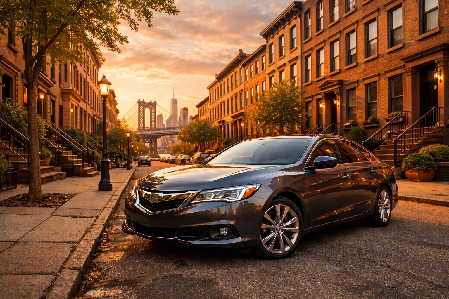 A clean modern car parked on a scenic Brooklyn street near brownstones after a full service.