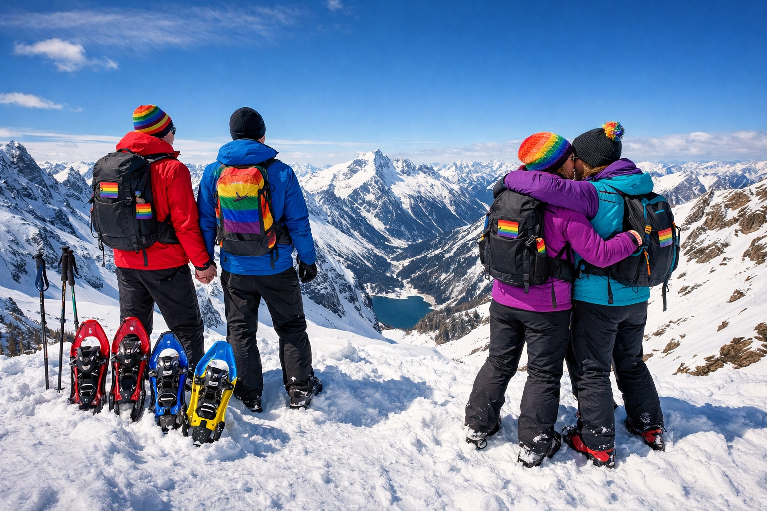 LGBTQ+ hiking group celebrating at snowy mountain summit