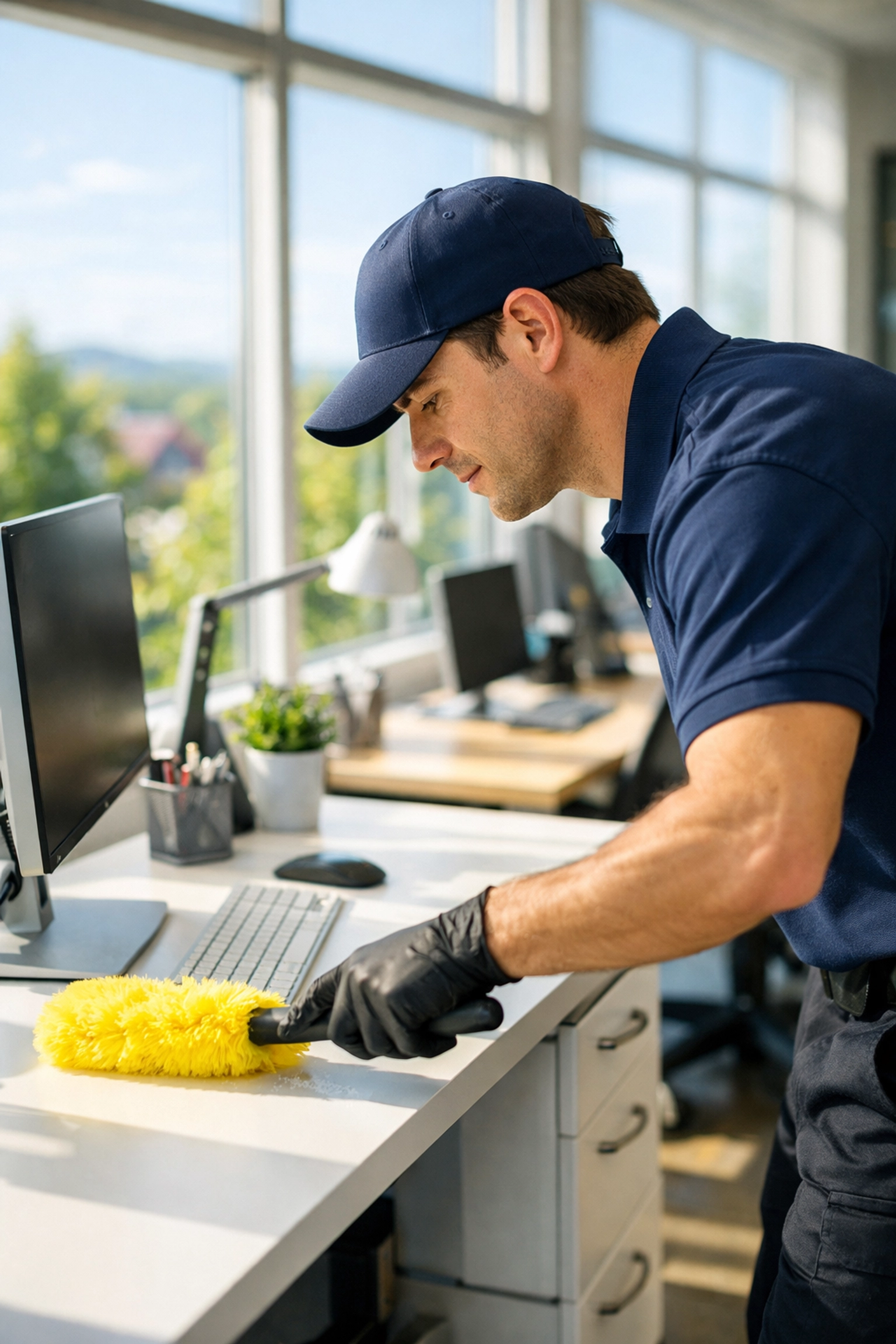A professional cleaner dusting an ergonomic workstation for a recurring office cleaning Bedford service.