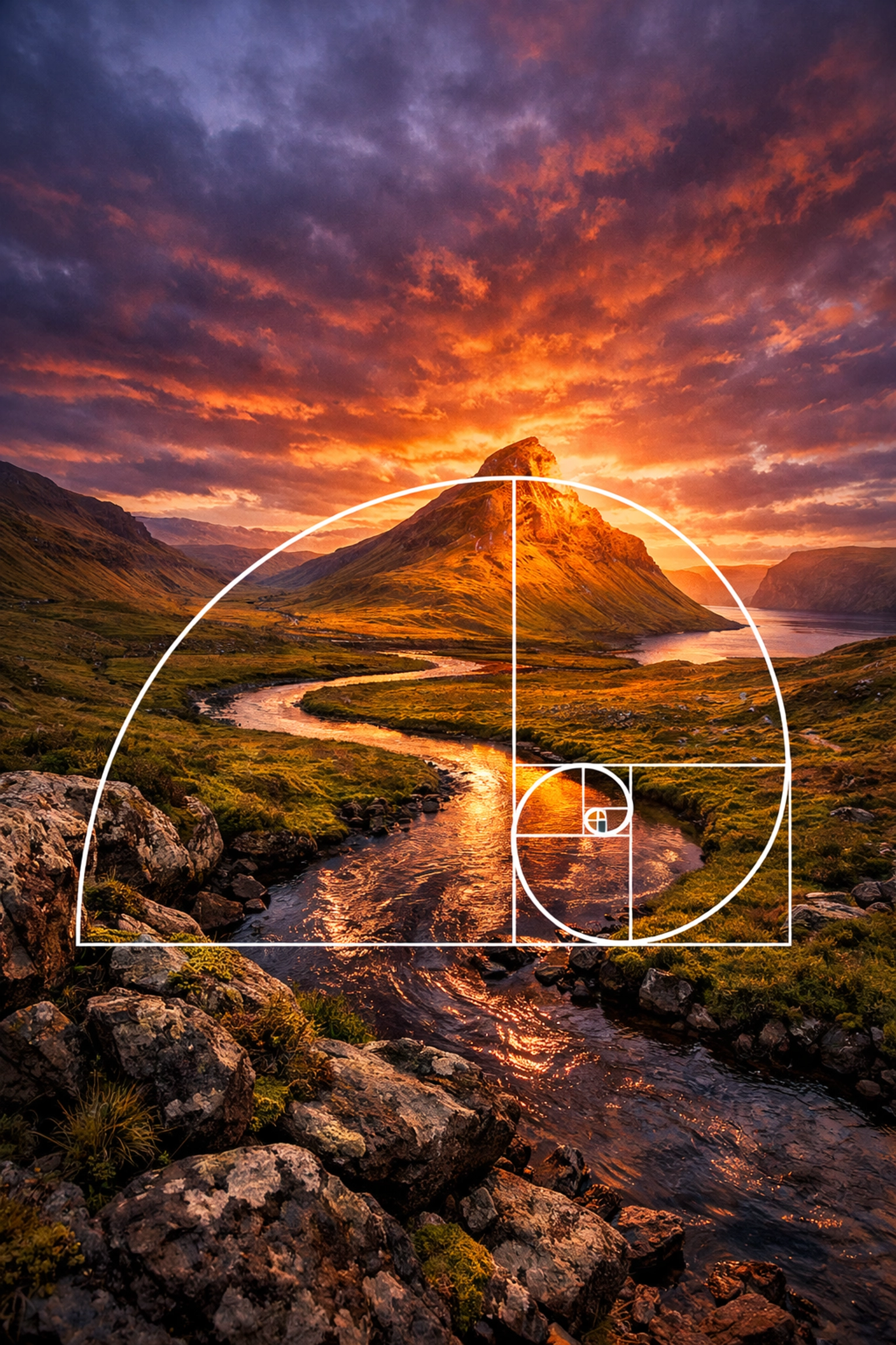 Sunset mountain landscape illustrating the Fibonacci spiral for advanced photography tutorials.