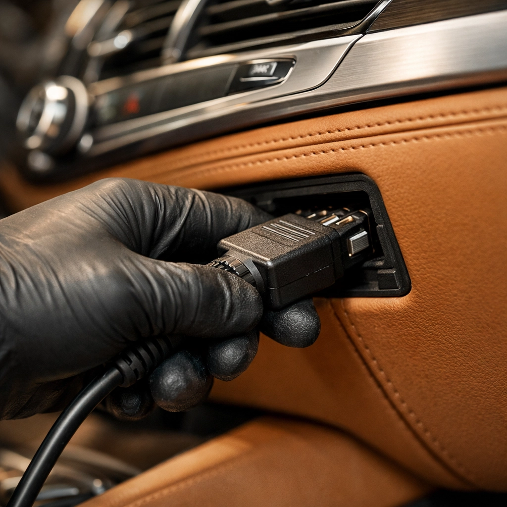 Connecting a diagnostic cable to a car dashboard, representing a precise Tekmetric or Shopmonkey QBO integration.