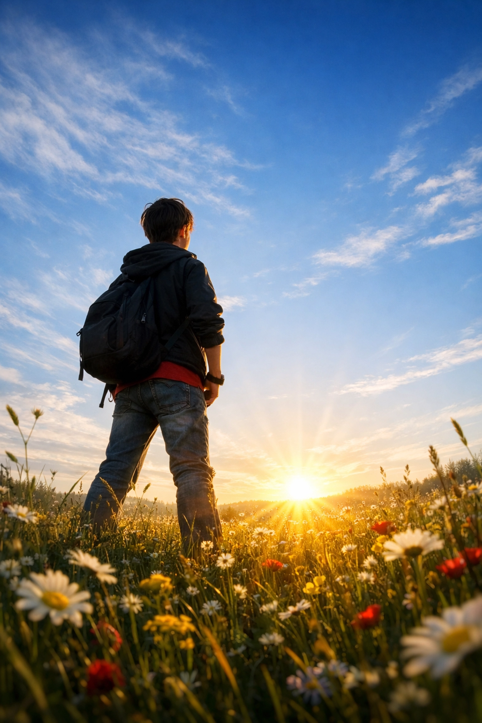 A confident teen in a meadow looking at the sunrise, representing a grace-centered recovery journey.