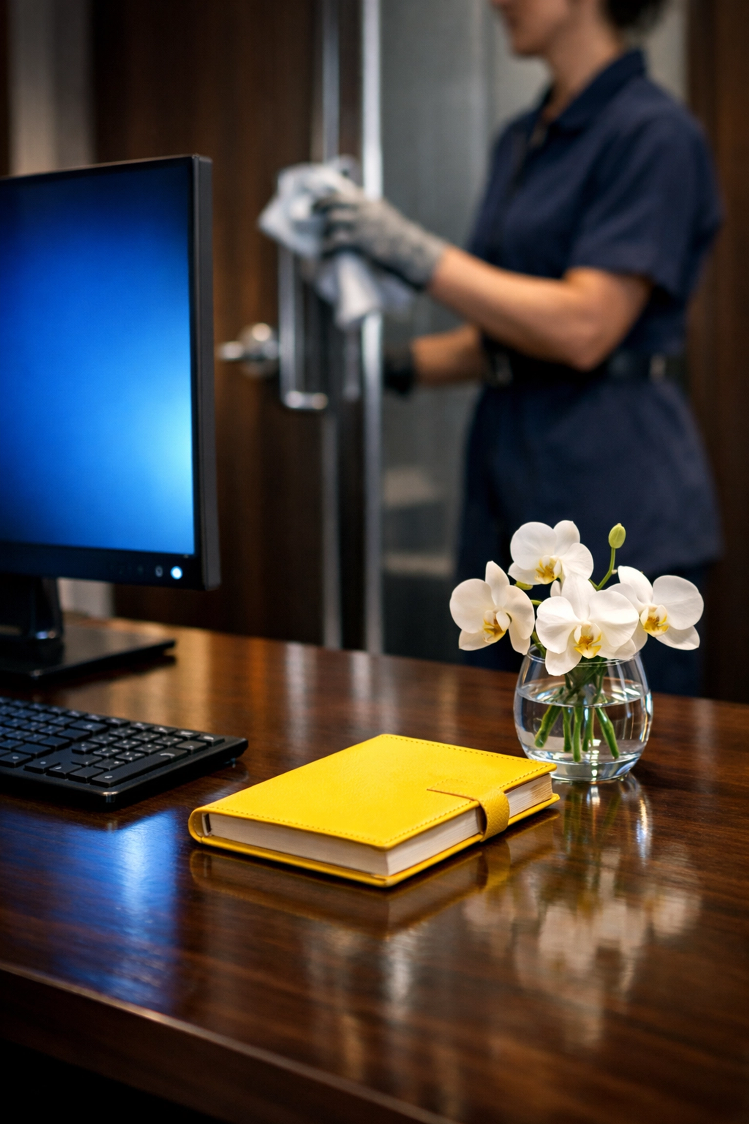 Clean executive office desk sanitized to professional janitorial services Massachusetts standards.
