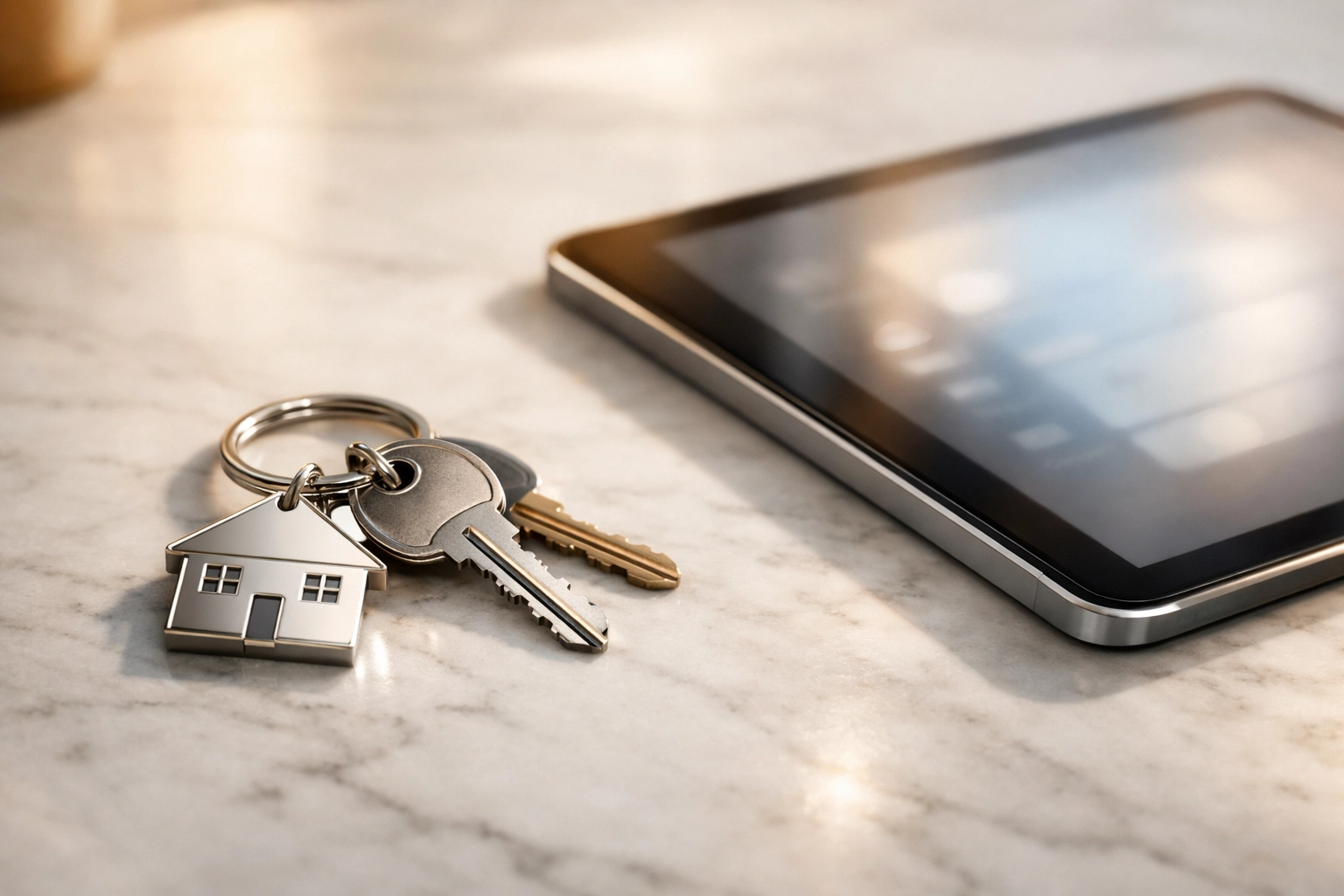 Modern house keys and tablet representing successful mortgage planning for an Ohio home.