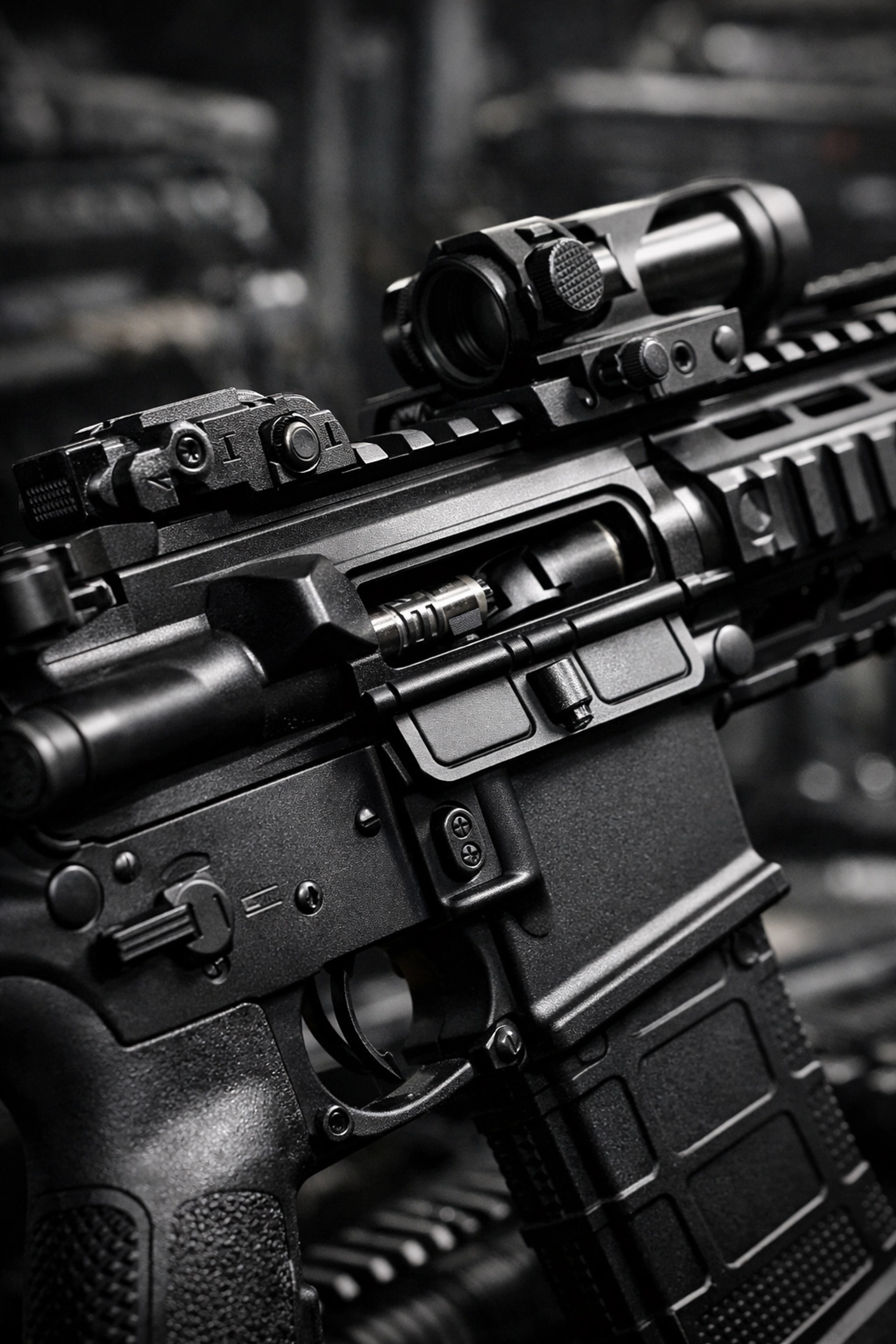 Close-up of a modern assault rifle receiver highlighting new modular technology for Canadian troops.